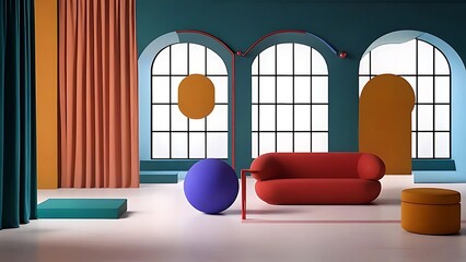 Abstract Interior Design: Colorful Room with Arched Windows