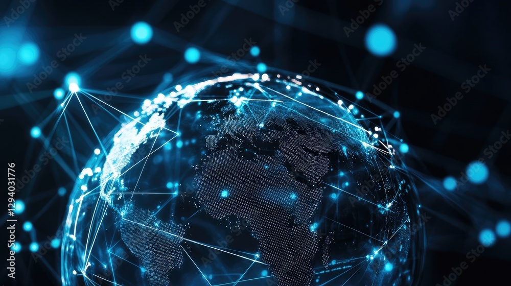Poster holographic globe with interconnected data points representing real-time global communication.