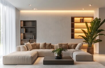 Modern living room with a beige sofa, neutral tones, and soft lighting, featuring an elegant coffee table in the center of the spacious space.