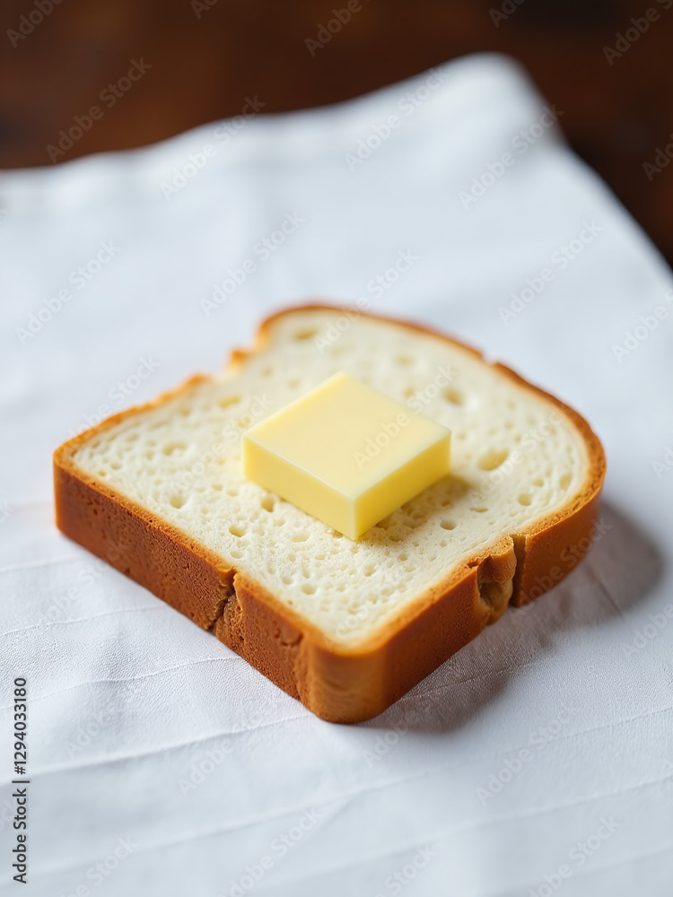 Aufkleber a simple slice of bread sits on a clean white tablecloth with a pat of butter placed on top.