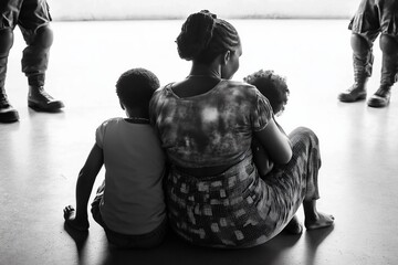 Migrants and Refugees Seeking Safety and Hope Together in a New Environment with Children Embracing Their Mother in a Moment of Vulnerability and Resilience Concept