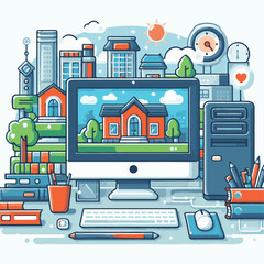 computer, technology, digital, business, communication, laptop, tech, device, design, pc, work, internet, office, web, desktop, monitor, employee, information, modern, data, electronic, vector, backgr
