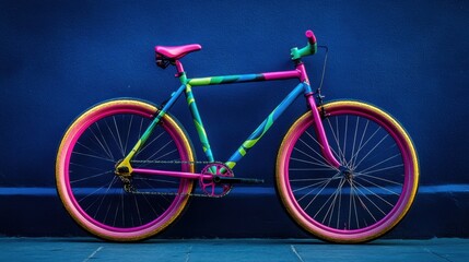 Fototapeta premium Colorful fixie bike standing against a deep royal blue wall, bold and modern style