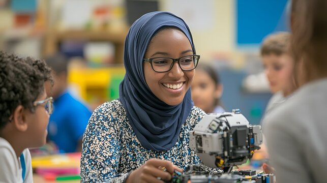 Diverse Students Building Robot in Classroom