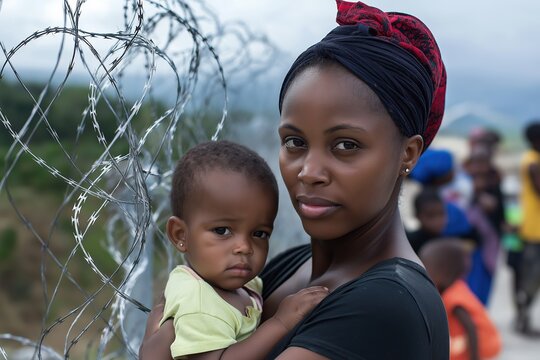 Migrant mother holding child near barbed wire fence, showcasing the struggles faced by refugees in search of safety and a better future, humanitarian crisis concept