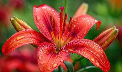 After rain water drop on red lily flower blooming macro shot vibrant.