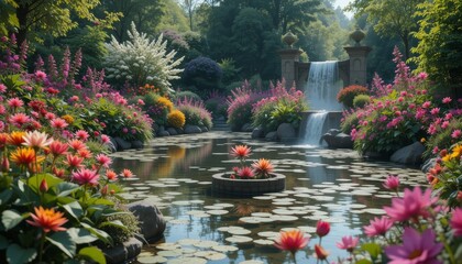 Fototapeta premium Tranquil Nature: Serene Pond and Colorful Flowers Inspiring Zen Calm and Meditation