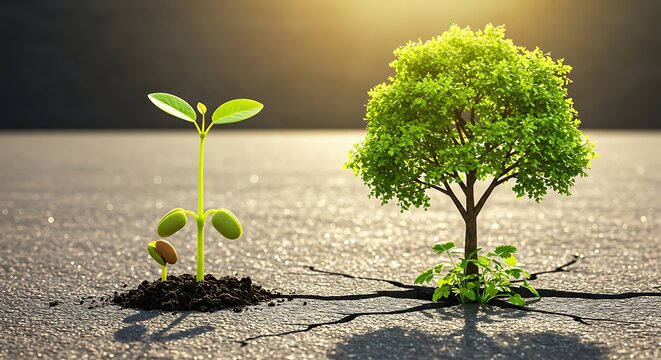 Seedling Growing Into a Tree on Cracked Ground Representing Growth