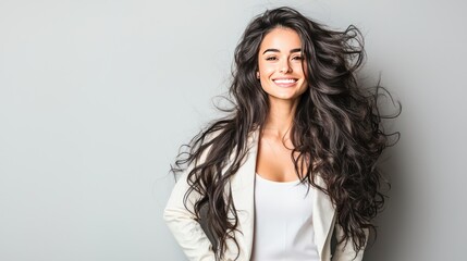 Naklejka premium Smiling Woman with Flowing Long Hair Posing for the Camera