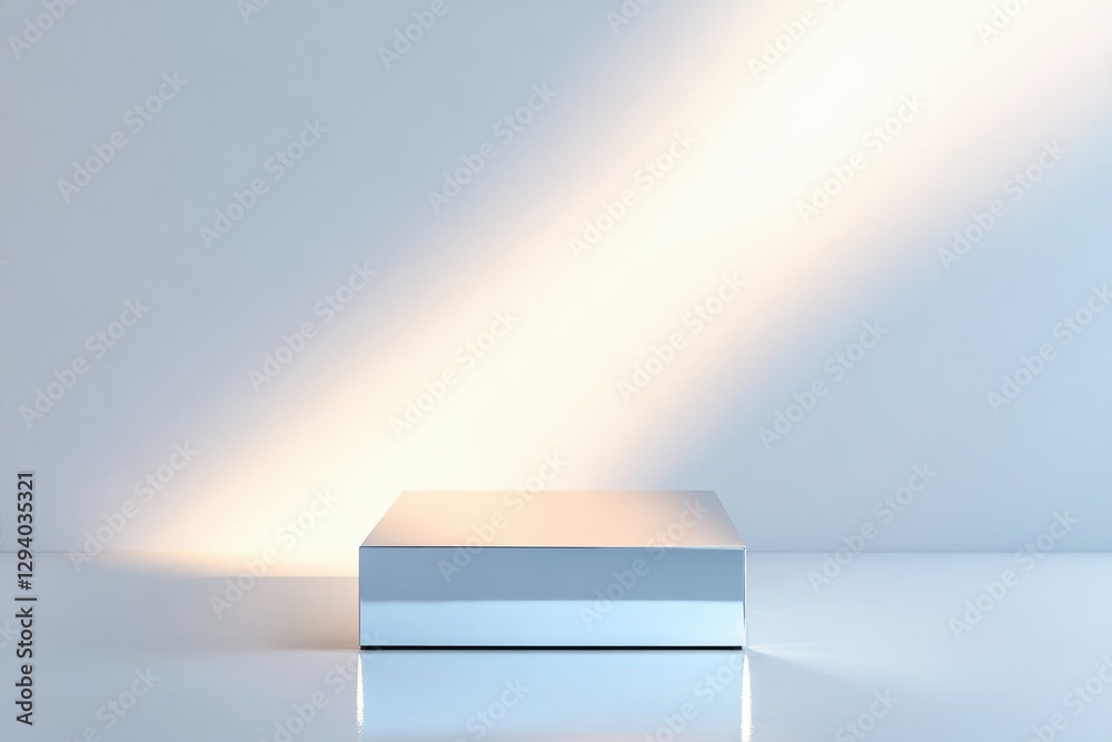 Poster reflective podium with mirrored surface highlighted by diffused lighting positioned in clean setting