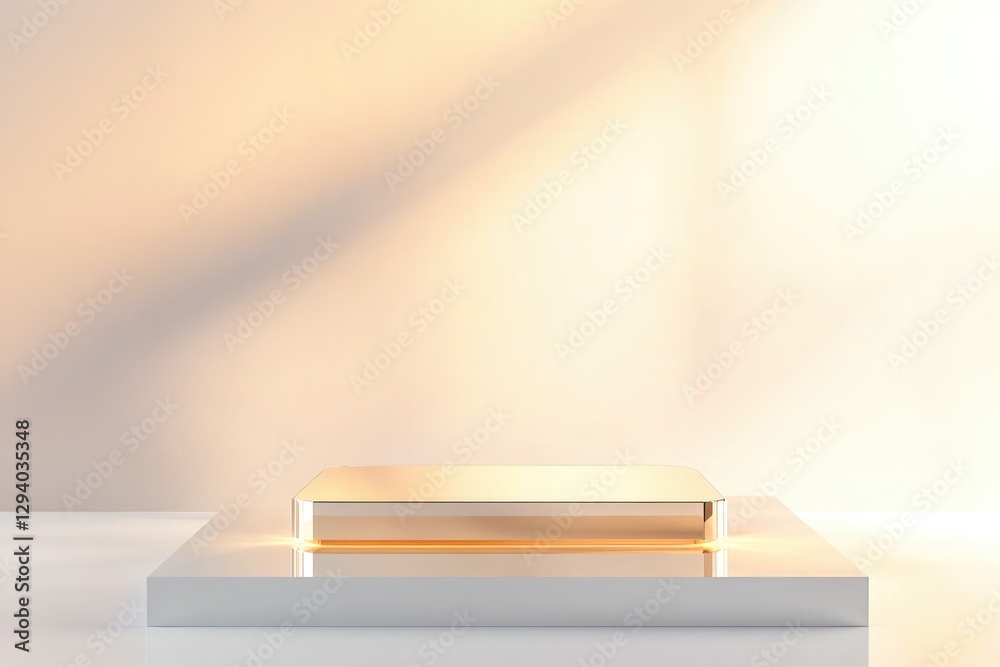 Poster reflective podium with mirrored surface highlighted by diffused lighting positioned in clean setting