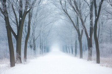 Fototapeta premium quiet moment in snowy forest bare branches of trees forming natural canopy over pristine path