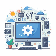 computer, technology, digital, business, communication, laptop, tech, device, design, pc, work, internet, office, web, desktop, monitor, employee, information, modern, data, electronic, vector, backgr