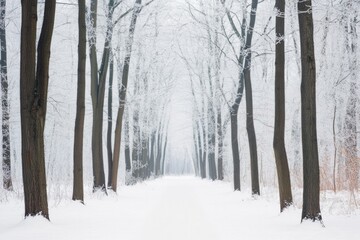 quiet moment in snowy forest bare branches of trees forming natural canopy over pristine path