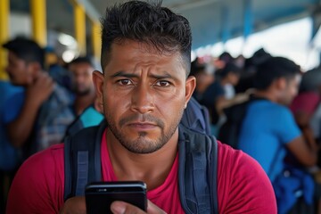 Migrants Seeking Hope and Opportunity in a New Land, Captured in a Moment of Reflection with a Smartphone, Humanitarian Crisis Concept