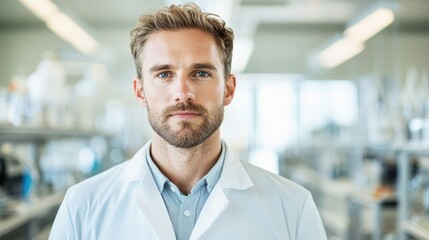 Fototapeta premium researcher in lab coat with thoughtful expression stands in modern biotechnology laboratory