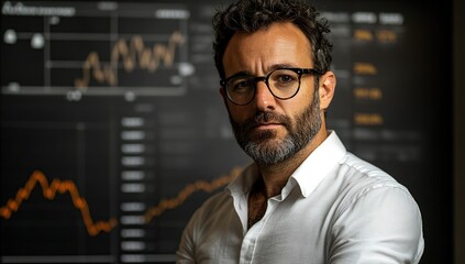 Obraz premium Portrait of a Serious Middle Aged Businessman Wearing Glasses and a White Shirt Against a Background of Financial Charts