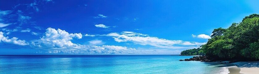 Fototapeta premium A serene beach scene features a small boat resting on the golden sand beneath a clear blue sky.