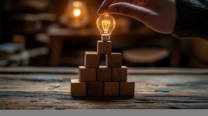 Light Bulb on Wooden Block Pyramid, A hand placing a glowing light bulb on top of a pyramid of wooden blocks on a rustic wooden table