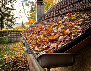 Verstopfte Regenrinne mit nassem Herbstlaub