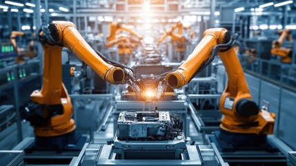 Naklejka premium Industrial robotic arms in a high-speed car production line working on assembling engines.
