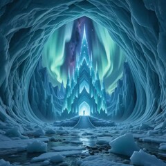 A cosmic ice temple nestled within a glacier under the aurora's glow