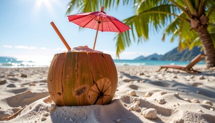 Coconut drink with pink umbrella and straw on sandy beach with palm trees, sun, and ocean waves