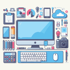 computer, technology, digital, business, communication, laptop, tech, device, design, pc, work, internet, office, web, desktop, monitor, employee, information, modern, data, electronic, vector, backgr