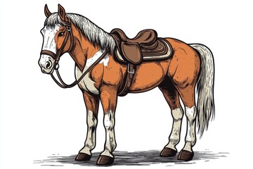 Fototapeta premium Brown and White Horse with Saddle Standing Proudly in Profile View