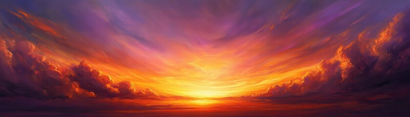 Fototapeta premium A vibrant painting of a serene sunset, featuring a small boat gently floating on the calm water.