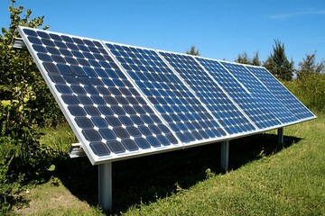 Outdoor solar panels mounted on metal frame in a grassy field, trees in the background
