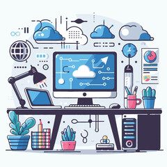 computer, technology, digital, business, communication, laptop, tech, device, design, pc, work, internet, office, web, desktop, monitor, employee, information, modern, data, electronic, vector, backgr