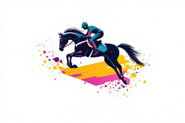 Dynamic Equestrian Rider Jumping Horse with Colorful Splash Background