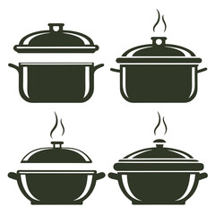 Stylized Cooking Pot Kitchenware Icons with Steam.