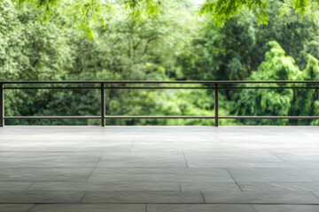 Lush green landscape visible from a modern balcony in bright daylight