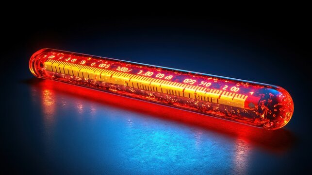 Glowing red thermometer, futuristic lab setting