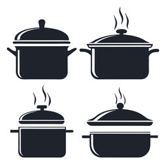 Stylized Cooking Pot Kitchenware Icons with Steam.