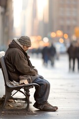 Obraz premium solitary figure sits on city bench bundled in layers to ward off chill with surrounding urban decay