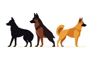 Three Stylized Dog Silhouettes in Different Poses and Colors