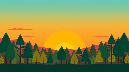 Fototapeta premium Scenic Forest Sunset Illustration: Vibrant Nature with Silhouetted Trees and Mountain View