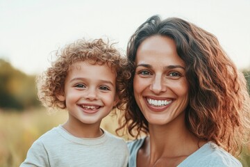 Fototapeta premium touching portrait of mother and her child from diverse racial backgrounds captured in natural outdoor setting both