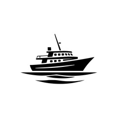 Monochrome illustration of a black yacht sailing on water with a simple white background.