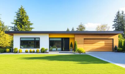 Modern house with bright facade and landscaped yard on a sunny day