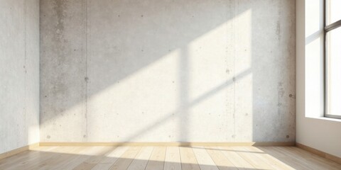 Sunlit Corner of an Empty Room with Light Wood Floor and a Textured Wall