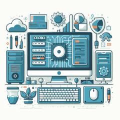 computer, technology, digital, business, communication, laptop, tech, device, design, pc, work, internet, office, web, desktop, monitor, employee, information, modern, data, electronic, vector, backgr