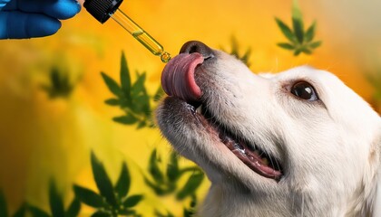 Fototapeta na wymiar Peaceful White Canine Embracing Wellness with CBD Oil, Caught MidLick in Soft Focus, Basking in Calming Pastel Tones.