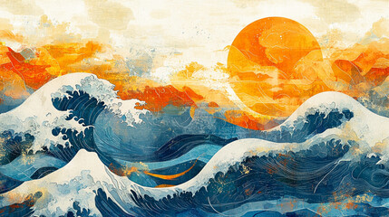 A painting of a wave with a sun in the background