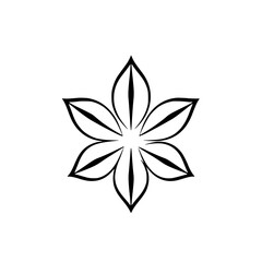 Black-and-white, six-petal flower mandala of minimalist design, elegant and symmetric, on white background.