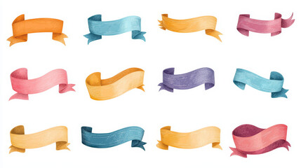 Ribbons vector banner set  ribboned vintage tape hand drawn flat illustration isolated on white.