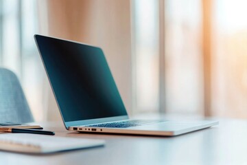 workspace with modern laptop open on desk showcasing simplistic and sleek design alongside professional tools such